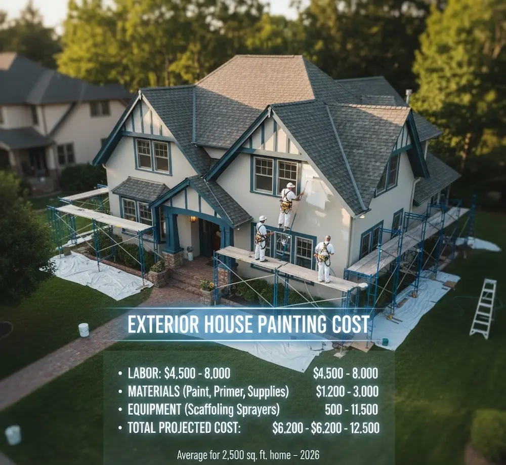 Aerial view of a house being painted, with an overlay detailing exterior house painting costs for labor, materials, and equipment.