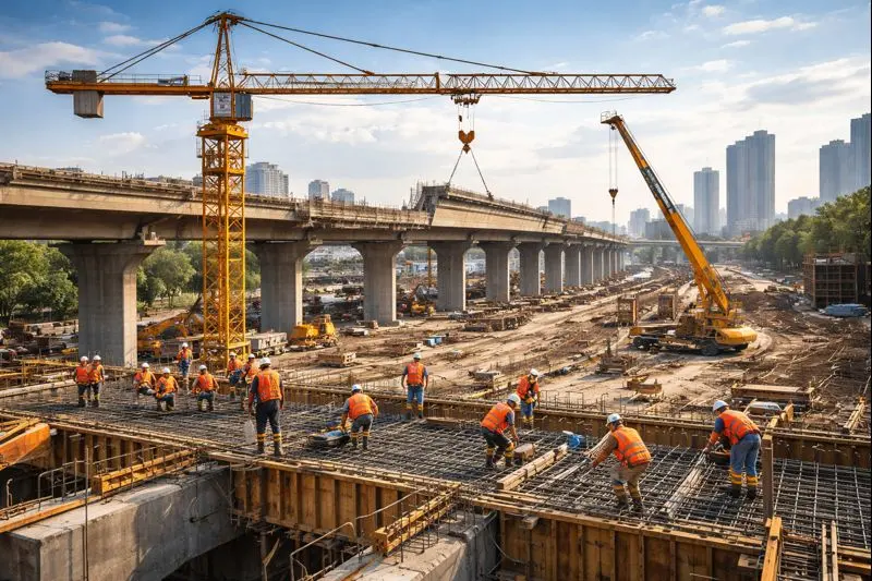 Infrastructure construction site showing bridge development and heavy machinery
