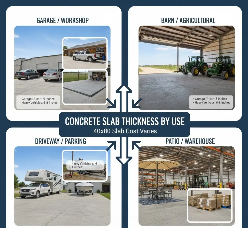 A visual guide detailing concrete slab thickness recommendations for various uses like garages, barns, driveways, and patios, impacting concrete slab cost per sq ft