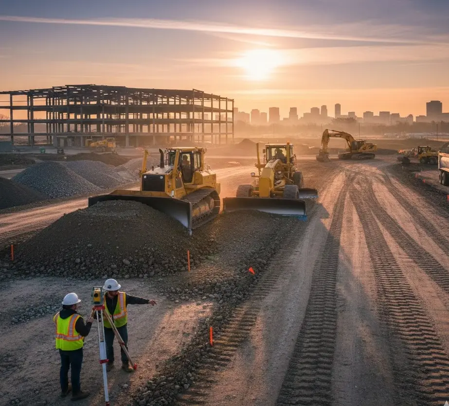 Construction site at sunrise with bulldozers grading soil and surveyors using a theodolite near a building frame.