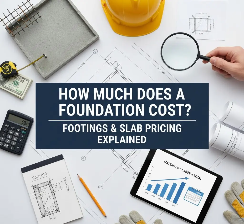 Construction site planning tools and cost analysis charts showing the cost of footings and slab for building foundations
