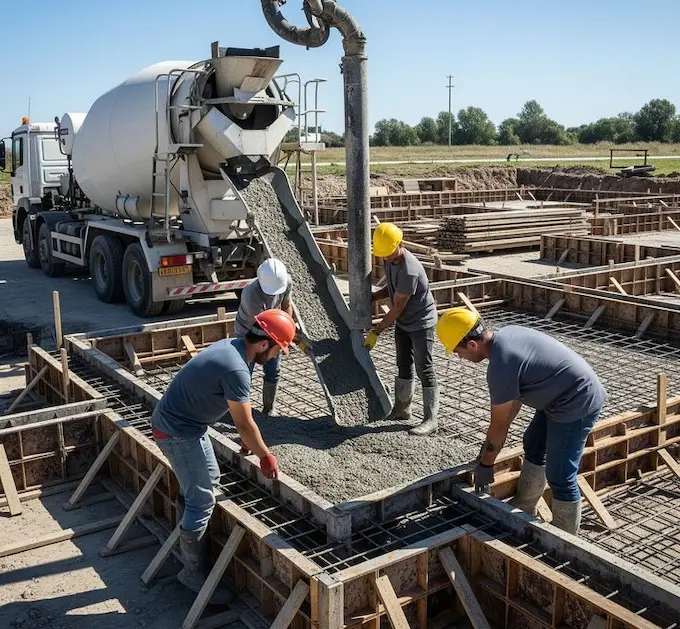 Construction workers in hard hats pouring fresh concrete from a cement mixer into a foundation with rebar, illustrating concrete slab cost factors