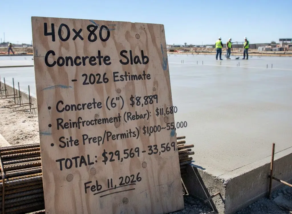 Estimation board showing 40x80 concrete slab cost for 2026 projects, featuring rebar and material price breakdowns.