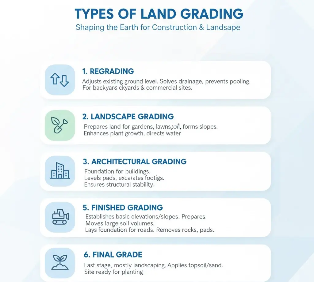 What is grading in construction" detailing types like regrading, architectural, and final grading