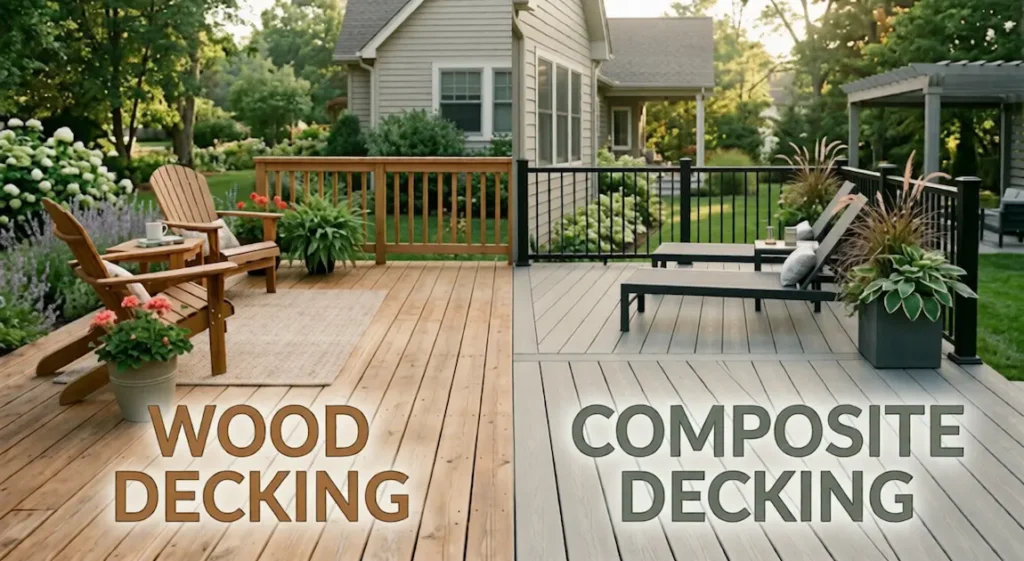 A comparison of a natural wood deck vs a grey composite deck, complete with outdoor furniture and landscaping
