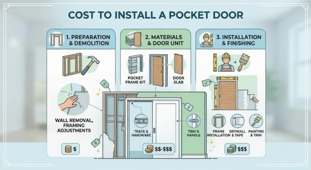 A diagram showing the factors that influence pocket door installation cost, from framing and drywall to materials and finishing work