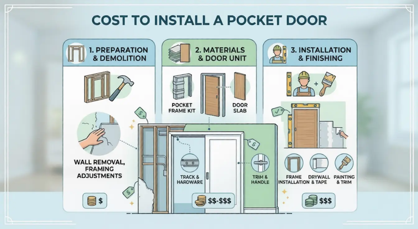 A diagram showing the factors that influence pocket door installation cost, from framing and drywall to materials and finishing work