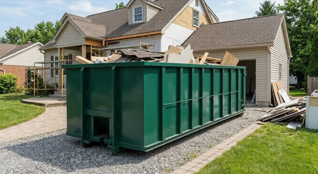 A green dumpster rental on a gravel driveway at a residential home construction site filled with debris