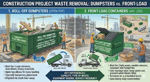 A guide to help you rent a dumpster, comparing large roll-off vs small front-load options.