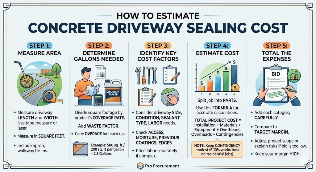 A professional infographic detailing five steps to accurately estimate a concrete sealing cost, from measurement to final total