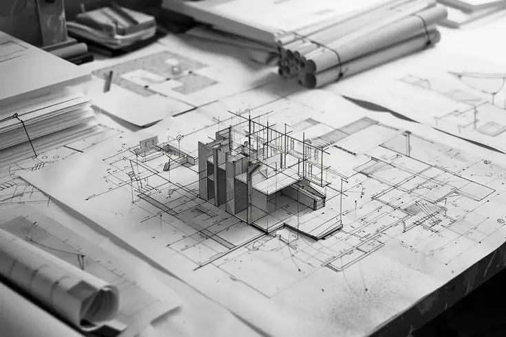 Detailed architectural blueprint with 3D house wireframe for Residential Construction Estimation services.