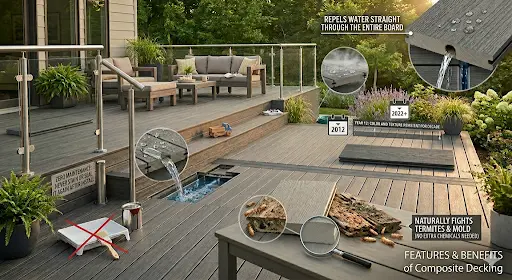 Diagram showing features and benefits of hardwood vs composite decking, highlighting water resistance and termite protection
