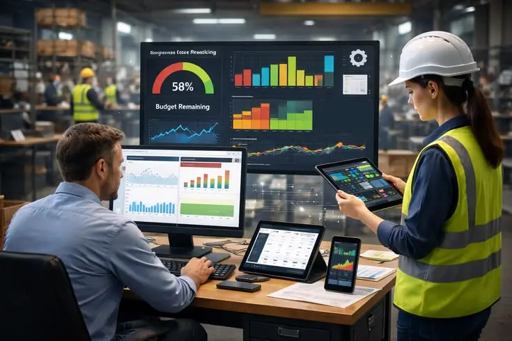 Engineering professionals monitoring real-time budget and data dashboards for Industrial Estimating on multiple screens.