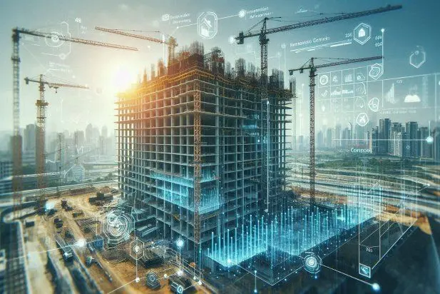 High-tech construction site overlay showing digital data and building systems for MEP Estimating services.