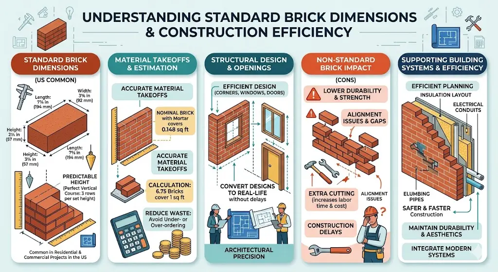 Infographic detailing standard brick dimensions and construction efficiency, specifying brick length for US projects