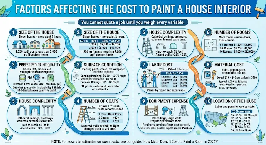 Infographic on factors influencing interior painting cost, detailing size, condition, quality, coats, and region