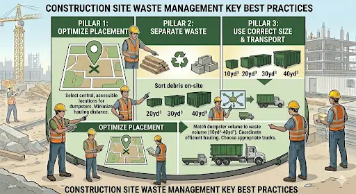 Infographic on waste management best practices, showing how to select and place the correct roll off dumpster size