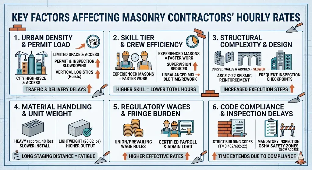 Infographic showing six key factors, including skill level and material costs, that affect masonry labor rates.