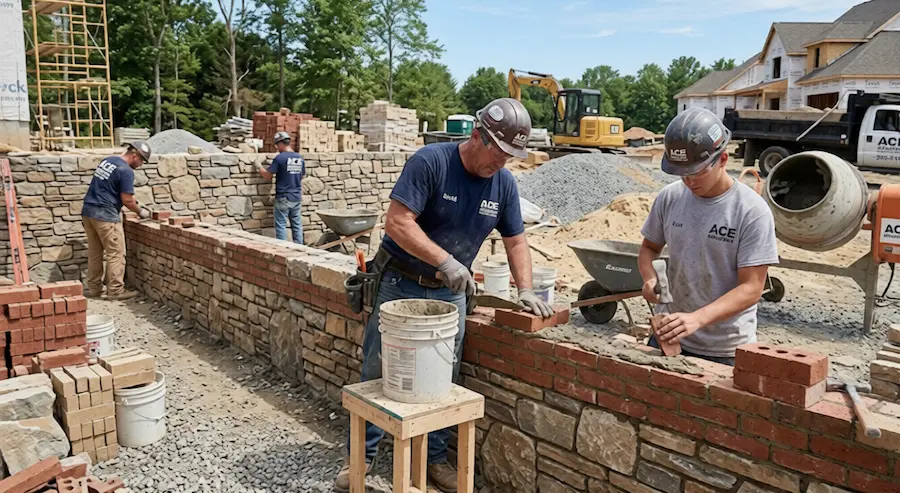 Professional masonry contractors expertly laying brick and stone at a busy residential construction site.