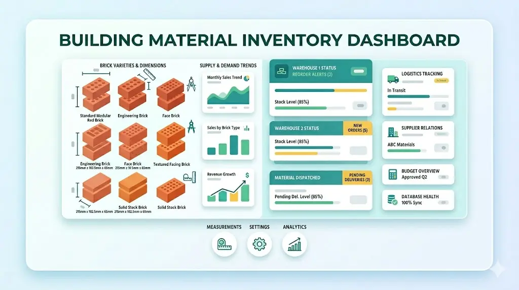 Professional portfolio thumbnail for a Building Material Inventory Dashboard featuring brick dimensions and analytics