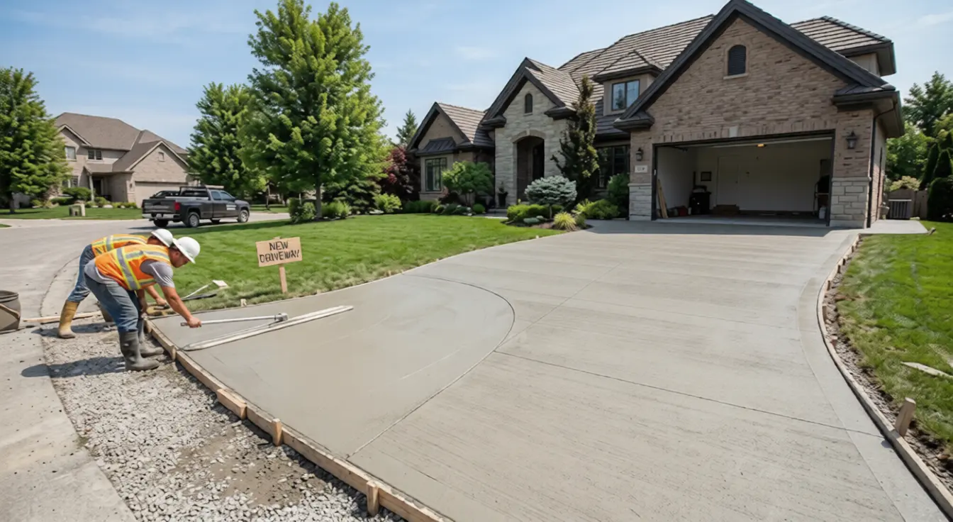 Workers finish a new driveway, prepping it for durable concrete sealing on this home's exterior