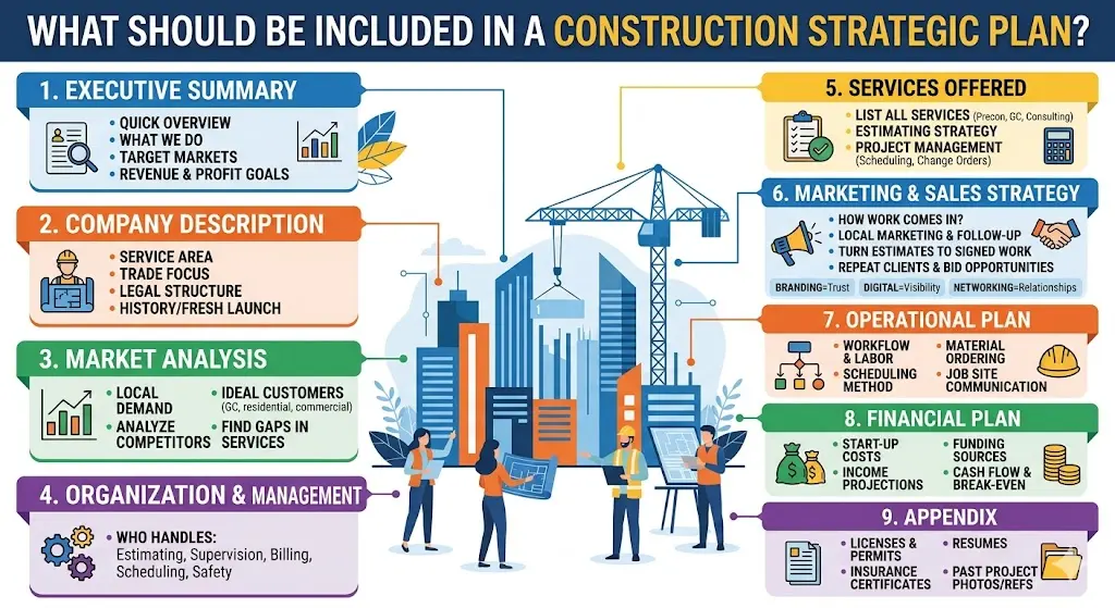 An image outlining the nine key components of a construction company business plan
