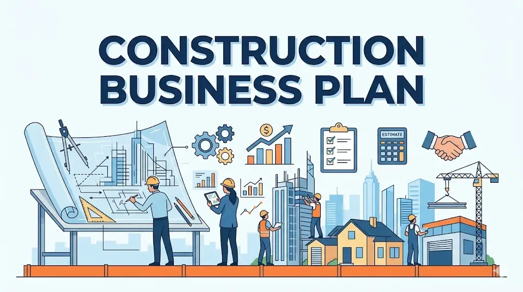 Ilustration of professionals planning a construction industry business plan