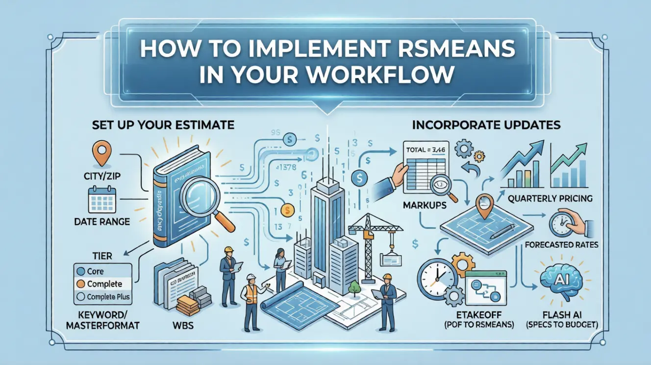 Infographic showing 6 steps for implementing RSMeans in Your Workflow, from setup to review