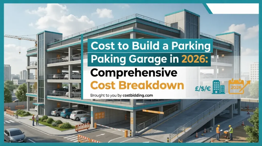Professional multi-story parking garage cost 2026 chart with teal and yellow accents for costbidding