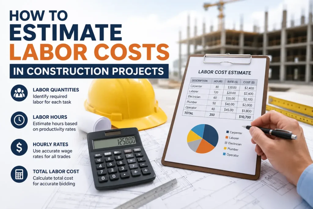 Construction labor cost estimation infographic showing labor hours, hourly rates, burden costs, and step-by-step methods for accurate project bids.