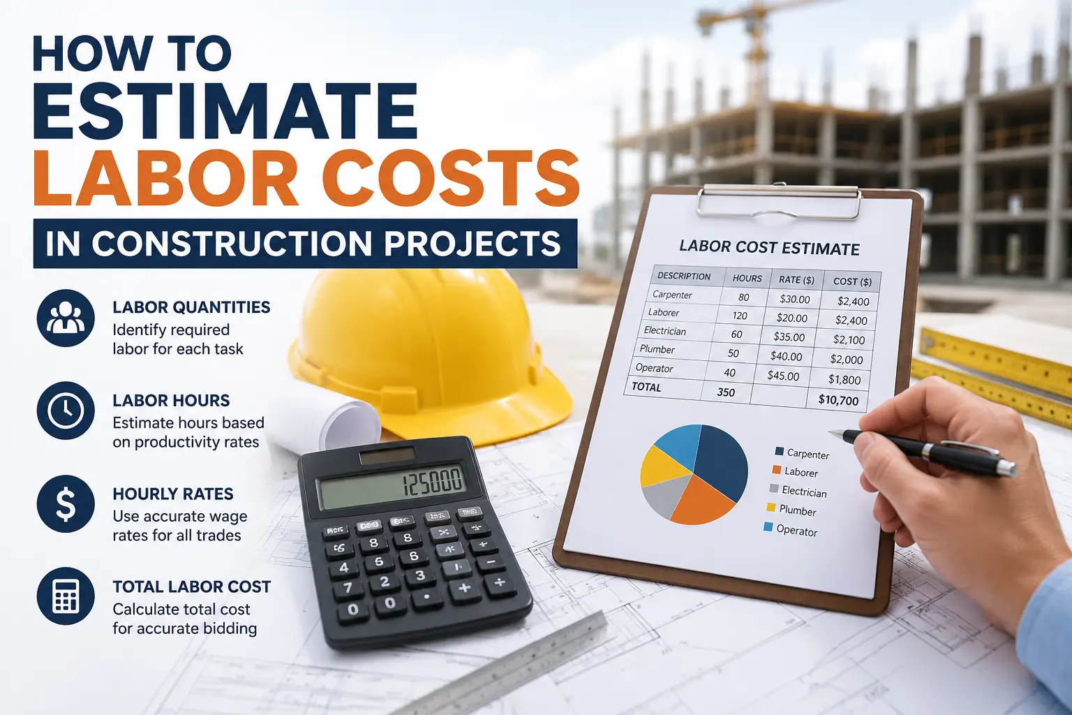 Construction labor cost estimation infographic showing labor hours, hourly rates, burden costs, and step-by-step methods for accurate project bids.