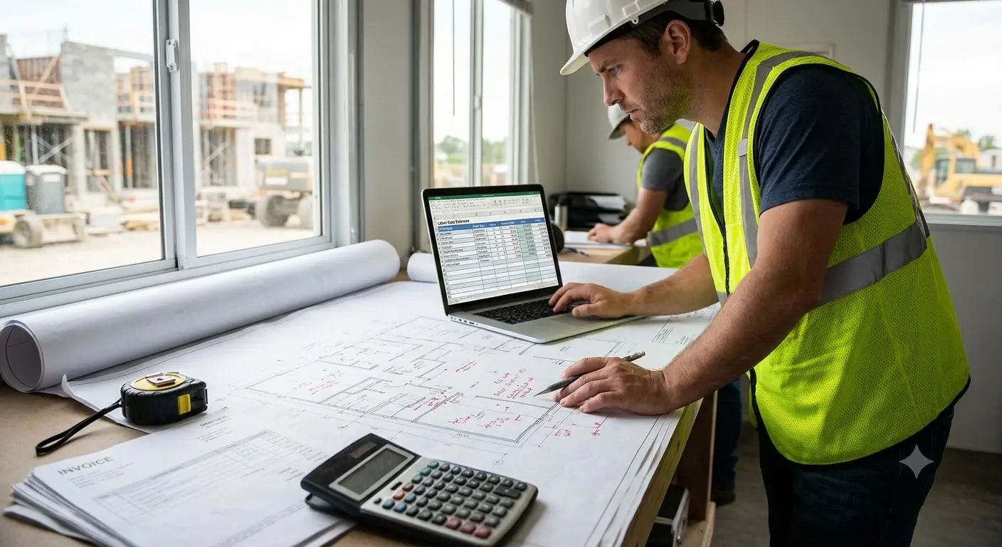 Labor cost estimation infographic showing labor hours, hourly rates, burden costs, and step-by-step methods for accurate project bids.