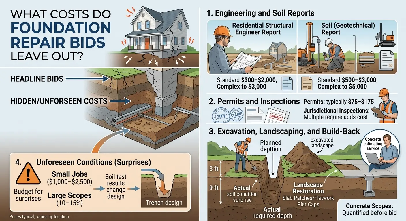 An informative infographic titled "WHAT COSTS DO FOUNDATION REPAIR BIDS LEAVE OUT?". The top left features an illustration of a gray house with significant cracks, labeled as the visible scope covered by "HEADLINE BIDS."