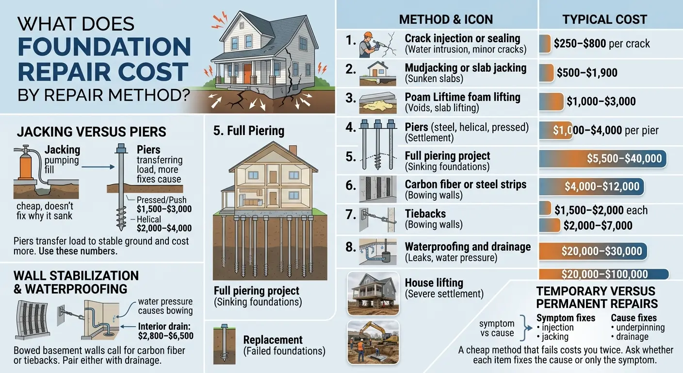 An informational infographic titled, "WHAT DOES FOUNDATION REPAIR COST BY REPAIR METHOD?" The main image is an illustration of a gray house with significant cracks and lightning bolt graphic icons representing foundation stress.