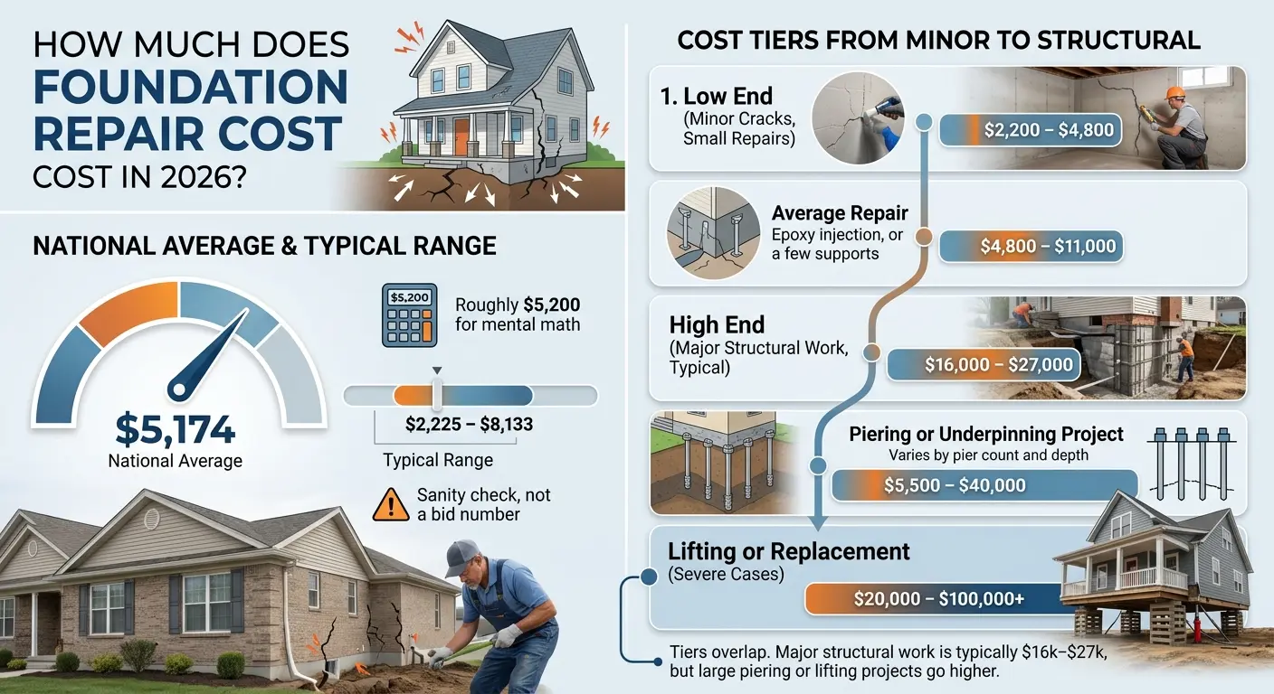 Infographic titled "How Much Does Foundation Repair Cost in 2026?" detailing a national average cost of $5,174 and five cost tiers for repairs ranging from $2,200 to over $100,000, with accompanying illustrations of repair methods and house damage.
