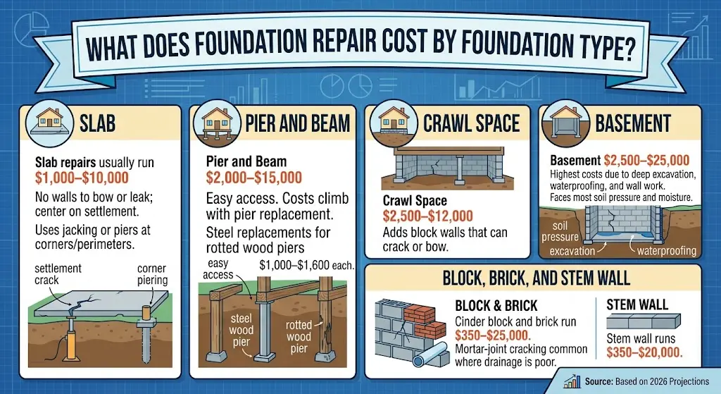 An infographic comparing average foundation repair costs by type for 2026, ranging from $1,000 for slab repairs up to $25,000 for complex basement work. It features illustrations of repair methods, specific cost ranges, and factors like easy access for piers versus excavation for basements.