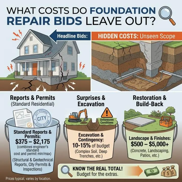 Square infographic titled "What Costs Do Foundation Repair Bids Leave Out?" comparing visible house damage with hidden underground issues. It highlights missing bid expenses including engineering reports, permits, excavation surprises, and landscaping restoration, advising homeowners to budget a 10–15% contingency.