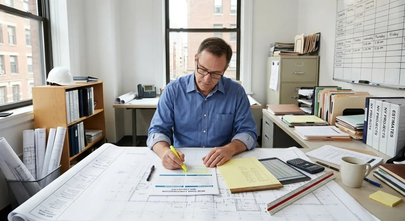 Cost estimator reviewing bid checklists and scope inclusions on blueprints.