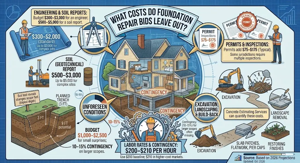 An architectural-style infographic breaking down hidden costs in foundation repair bids centered around a cross-section diagram of a house. It highlights expenses omitted from initial quotes, including engineering/soil reports ($300–$5,000), permits ($75–$175), excavation/restoration, labor rates ($200–$210/hr), and contingency allowances.